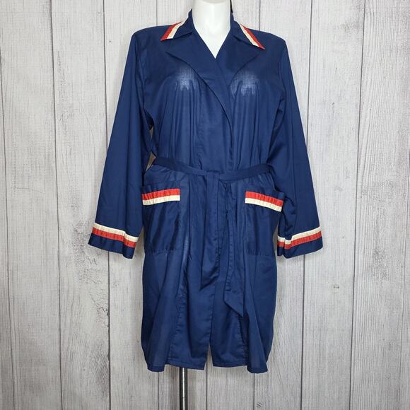 Vintage 70s Weldon Navy Mod Robe Jacket w/ Red White Trim Belted, sz Large - Picture 2 of 5